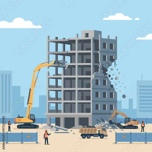 Building Demolition Site Vector Illustration with Heavy Machinery, Excavators and Construction Workers for Urban Renewal Projects