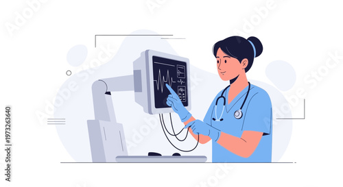 Nurse checking vital signs on a monitor, medical illustration