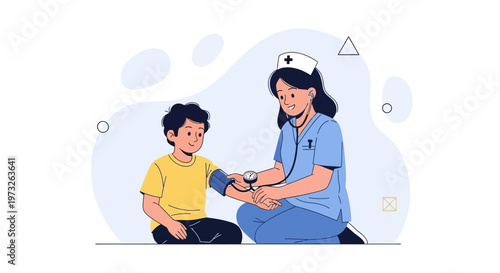 Nurse checking child's blood pressure, medical checkup, healthcare concept illustration