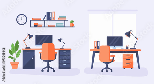 Two modern home office setups with computers and ergonomic chairs.