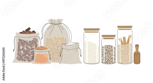 Meticulously arranged burlap sacks and transparent glass jars with wooden lids showcase a variety of dried legumes and grains against a minimalist white background.