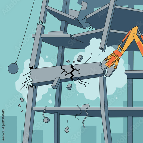Building Demolition Site Illustration with Excavator and Wrecking Ball Breaking Concrete Structure