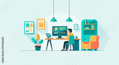 Man working at a desk with computer and laptop in a modern office setting.