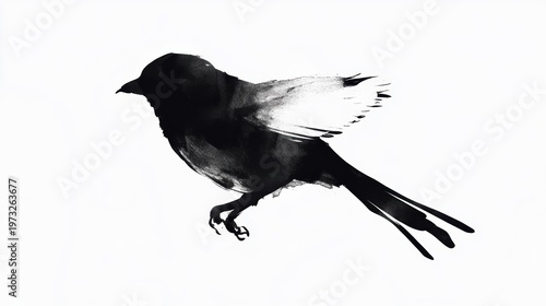 Elegant Silhouette of a Bird in Flight Captured with Ink and Brush Stroke Techniques on a Minimalistic White Background
