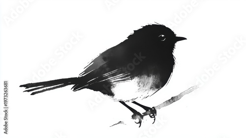 Elegant Black and White Illustration of a Bird Perched on a Branch with Simple Lines and Minimalist Design for Contemporary Art and Home Decor