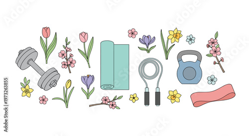 Vibrant spring flowers including pink tulips and purple crocuses are interspersed with a teal yoga mat and grey fitness equipment on a clean white surface.