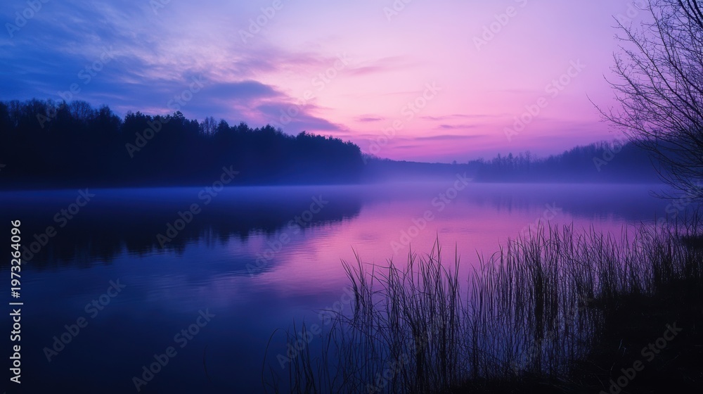 Fototapeta premium Serene Twilight Reflection Over Calm Lake Surrounded by Misty Forest and Silhouetted Grass in Tranquil Landscape at Dusk