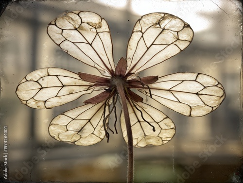 Soft geometric elegance captured in aged tones of black and white floral art