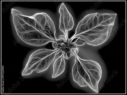 X ray exploration of delicate flower petals in abstract black and white artistry with a dark backdrop