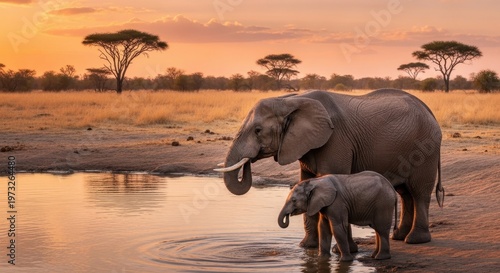 African Elephant Mother and Calf Drinking at a Watering Hole During Sunset.