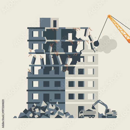 Building Demolition Site Illustration with Wrecking Ball and Heavy Machinery for Urban Renewal