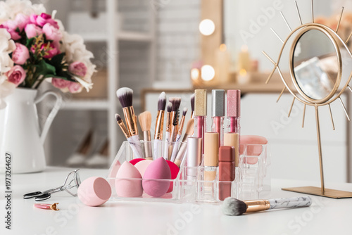 Organizer with makeup produ...