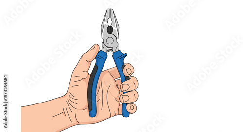 A steady hand holds a pair of versatile combination pliers featuring ergonomic blue and black handles against a pristine and minimalist white backdrop.
