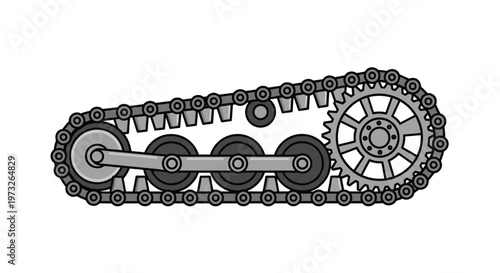 Detailed side profile illustration of a heavy duty continuous track assembly featuring grey road wheels and a large drive sprocket for armored vehicle propulsion.