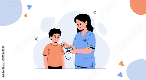 Nurse checks child's oxygen saturation with pulse oximeter, medical checkup illustration