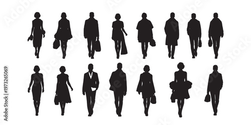 Different Poses Fashionale Walking People Crowd Silhouette Vector