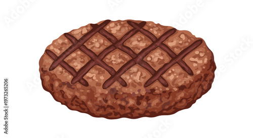Succulent browned beef burger patty featuring distinct dark cross-hatched grill marks on its textured surface rests against a clean white minimalist background.