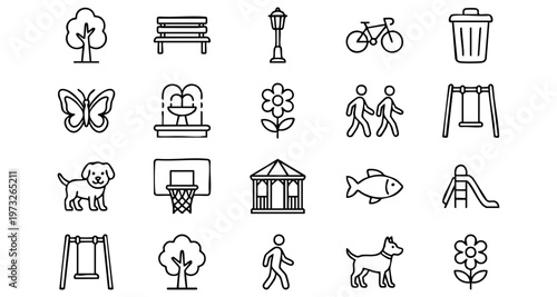 Outdoor park outline icons featuring playground, nature, family, and activity symbols