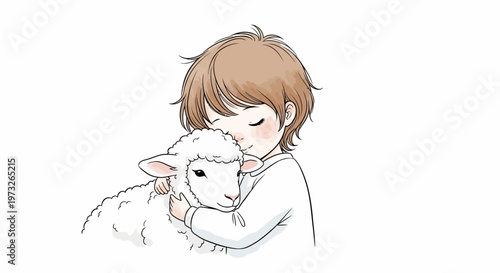 Child Hugging Little White Sheep Tightly.