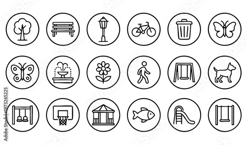 Outdoor park outline icons featuring playground, nature, family, and activity symbols