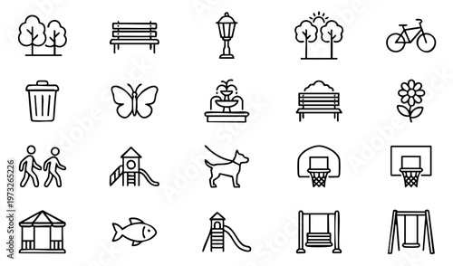 Outdoor park outline icons featuring playground, nature, family, and activity symbols