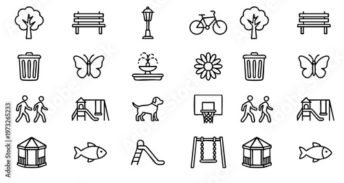 Outdoor park outline icons featuring playground, nature, family, and activity symbols
