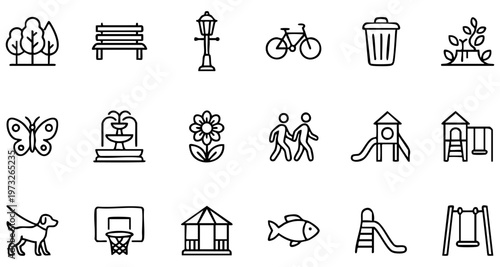 Outdoor park outline icons featuring playground, nature, family, and activity symbols