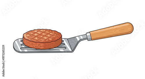 A perfectly seared brown beef burger patty sits atop a professional stainless steel slotted spatula with a smooth wooden handle against a white background.
