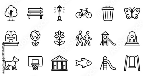 Outdoor park outline icons featuring playground, nature, family, and activity symbols