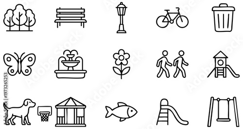 Outdoor park outline icons featuring playground, nature, family, and activity symbols