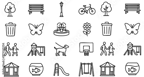 Outdoor park outline icons featuring playground, nature, family, and activity symbols