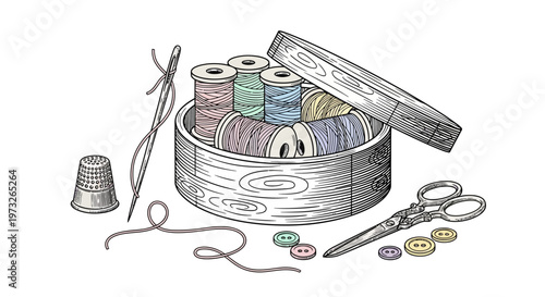 Sewing kit with threads and tools.