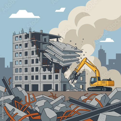 Vector Illustration of Excavator Demolishing Old Building for Urban Renewal and Site Development