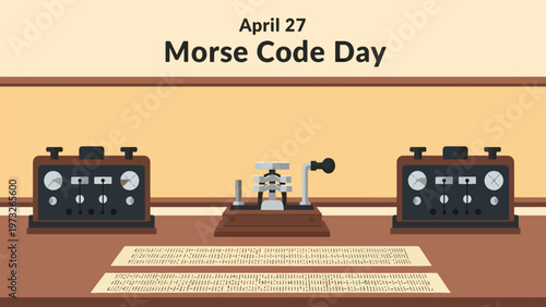 April 27 Morse Code Day Telegraph Communication Equipment Vintage Signal Transmission System Radio Operator Desk Illustration Flat Design Modern Poster