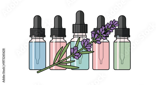 Five clear glass dropper bottles containing various pastel-colored liquids are arranged in a row behind a delicate sprig of aromatic purple lavender.