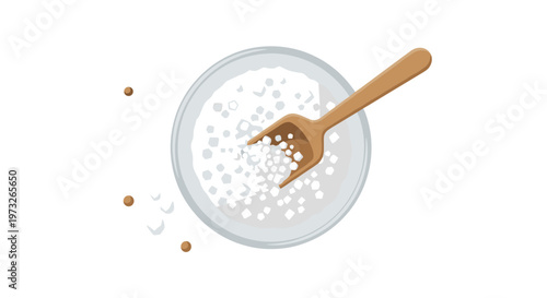 A meticulous top-down illustration features a transparent glass bowl overflowing with coarse white sea salt crystals beside a rustic wooden measuring scoop.