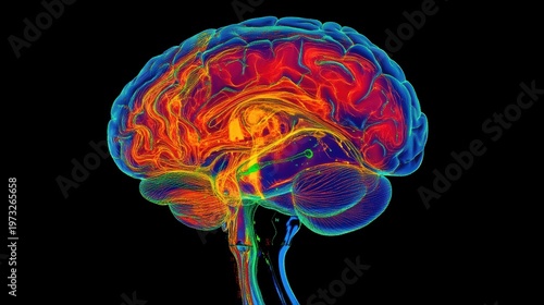 Colorful and Detailed Digital Render of Human Brain Illustrating Neural Activity and Connectivity in a Scientific Visualization