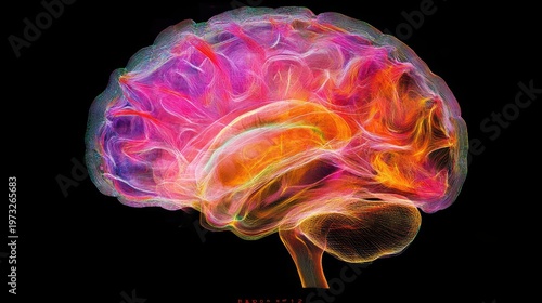 Abstract representation of a colorful brain with vibrant lines and textures, showcasing creativity, intelligence, and complex thought patterns in vivid colors.