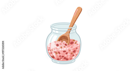 A vibrant illustration showcases a transparent glass jar filled with coarse pink Himalayan sea salt and a smooth wooden scoop for easy kitchen measuring.
