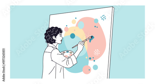 Creative artist painting colorful abstract art on large canvas in minimalist style with soft pastel colors for interior design