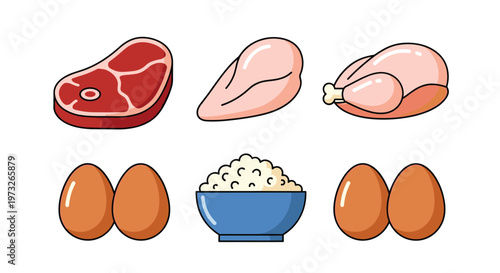 A set of six meticulously drawn food illustrations features raw beef steak, poultry, brown eggs, and a blue bowl filled with creamy white cottage cheese.