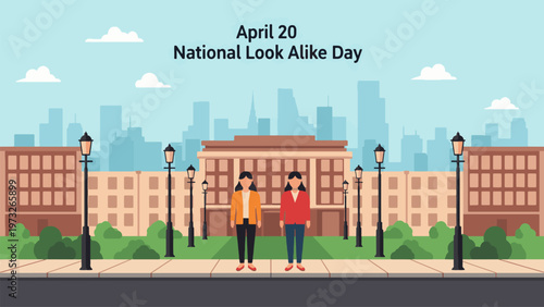 National Look Alike Day April 20 Two Identical People Standing in City Park Twin Concept Similar Appearance Identity Comparison Illustration Flat Design Modern Style