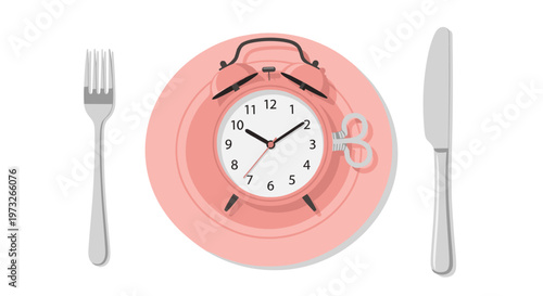 A charming pink alarm clock sits directly on a pastel pink ceramic plate between a polished silver fork and knife for intermittent fasting concepts now.