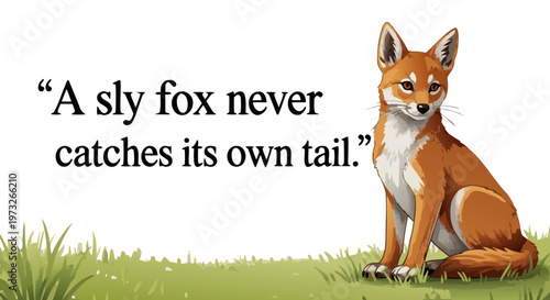 A cute young red fox cub with orange fur and a white tail tip sits in the green grass holding a banner in this vector wildlife illustration of the wild predator Vulpes vulpes