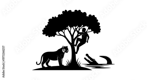 Isolated vector illustration of a black dog silhouette standing near a nature palm tree art piece featuring wild animal pet graphics