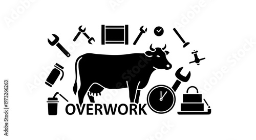 A cute cartoon illustration of a black and white cow and calf standing on a dairy farm, designed as a vector silhouette featuring cattle, a bull, and a goat in a nature-inspired agriculture art