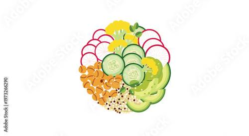 A vibrant and healthy Buddha bowl is packed with sliced radishes, fresh cucumbers, creamy avocado, golden chickpeas, and nutritious quinoa on a white base.