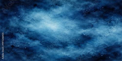 Dramatic abstract blue space background with dark storm clouds and celestial stars under a night sky featuring lightning and a heavenly light