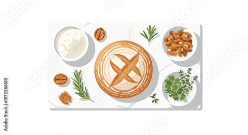 A rustic round loaf of artisanal sourdough bread rests on a polished white marble board alongside fresh rosemary sprigs and crunchy walnut halves in soft light.