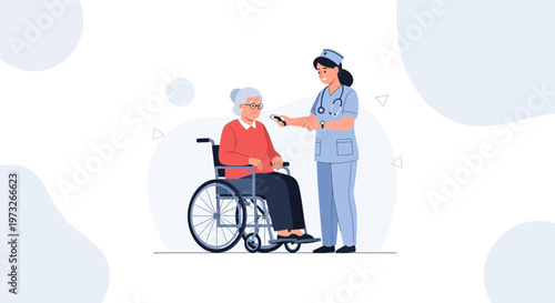 Nurse checks elderly woman's temperature in wheelchair, healthcare concept
